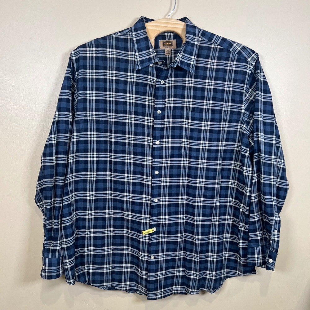 The Foundry Easy Care Button Down Shirt 3XLT Blue Plaid Long Sleeve Heavy EUC